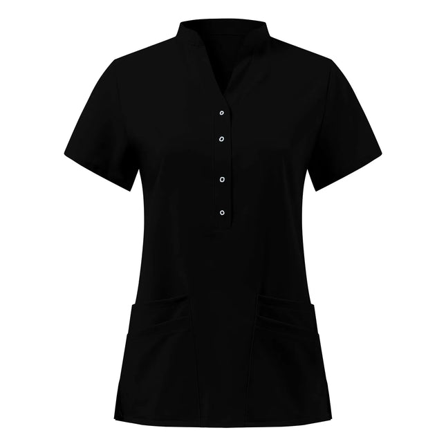 Solid Women Nurse Uniform Scrub Short Sleeve V-neck Button Pocket Tops Nursing Working Medical Uniform Blouse Nurse Accessories-KarWorkwear