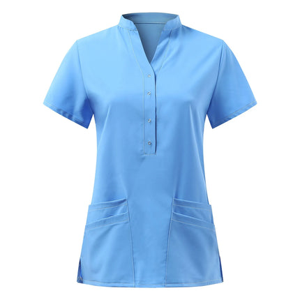 Solid Women Nurse Uniform Scrub Short Sleeve V-neck Button Pocket Tops Nursing Working Medical Uniform Blouse Nurse Accessories-KarWorkwear