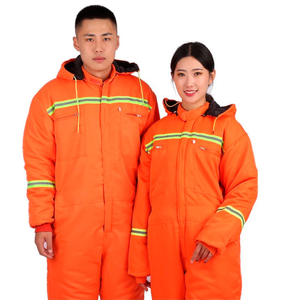 Winter Reflective Hooded Overalls Siamese Long-sleeve Coveralls Workshop Warm Thick Hi Vis Dust Proof Anti Fouling Jumpsuits