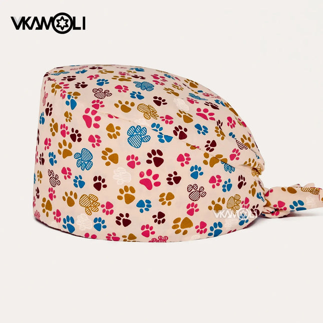 Animal cute footprint pattern printing  nurses hats for women  scrub cap anime scrubs uniform wholesale scrub hat pharmacy hat