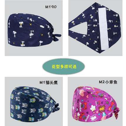 Clearance Pattern Scrub Cap Tie Back Working Hat 100% Cotton Washable Sweatband Beautician Dust Proof Scrub Caps-KarWorkwear