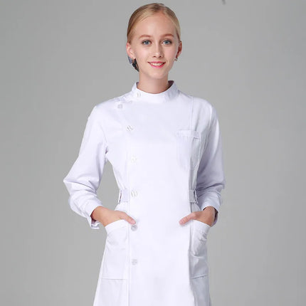 Scrub Uniforms Dress Robe White Women Nursing Scrubs Jacket Full Length Poly Cotton SPA Beautician Veterinary Work Wear Uniform-KarWorkwear