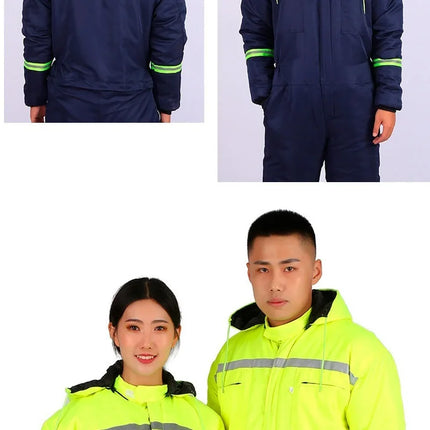 Winter Reflective Hooded Overalls Siamese Long-sleeve Coveralls Workshop Warm Thick Hi Vis Dust Proof Anti Fouling Jumpsuits