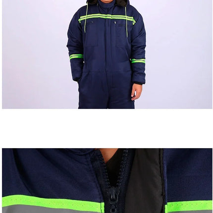 Winter Reflective Hooded Overalls Siamese Long-sleeve Coveralls Workshop Warm Thick Hi Vis Dust Proof Anti Fouling Jumpsuits