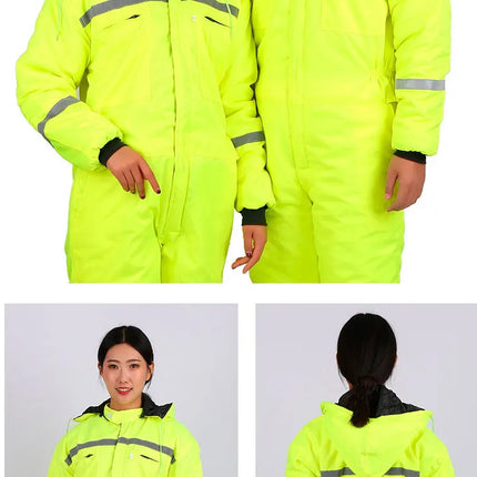 Winter Reflective Hooded Overalls Siamese Long-sleeve Coveralls Workshop Warm Thick Hi Vis Dust Proof Anti Fouling Jumpsuits