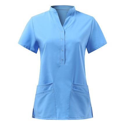 Solid Women Nurse Uniform Scrub Short Sleeve V-neck Button Pocket Tops Nursing Working Medical Uniform Blouse Nurse Accessories-KarWorkwear
