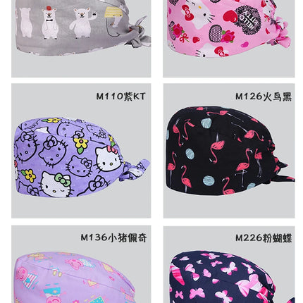 Clearance Pattern Scrub Cap Tie Back Working Hat 100% Cotton Washable Sweatband Beautician Dust Proof Scrub Caps-KarWorkwear