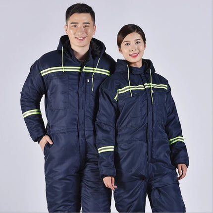 Winter Reflective Hooded Overalls Siamese Long-sleeve Coveralls Workshop Warm Thick Hi Vis Dust Proof Anti Fouling Jumpsuits