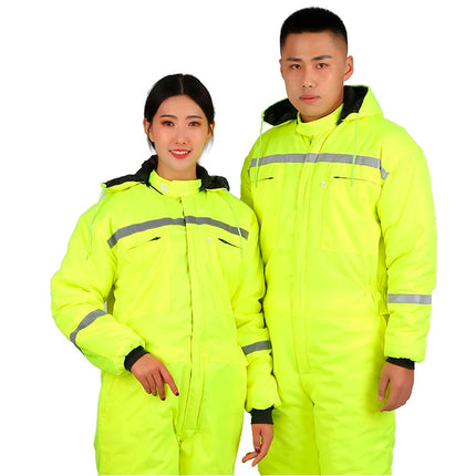 Winter Reflective Hooded Overalls Siamese Long-sleeve Coveralls Workshop Warm Thick Hi Vis Dust Proof Anti Fouling Jumpsuits