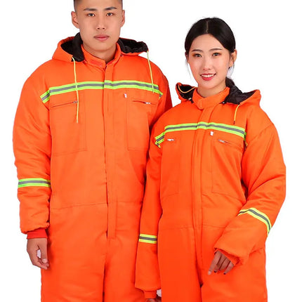 Winter Reflective Hooded Overalls Siamese Long-sleeve Coveralls Workshop Warm Thick Hi Vis Dust Proof Anti Fouling Jumpsuits