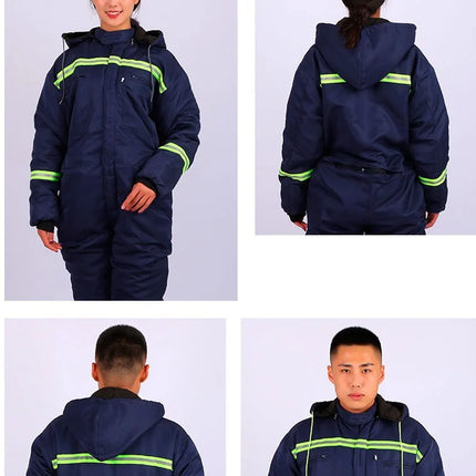 Winter Reflective Hooded Overalls Siamese Long-sleeve Coveralls Workshop Warm Thick Hi Vis Dust Proof Anti Fouling Jumpsuits