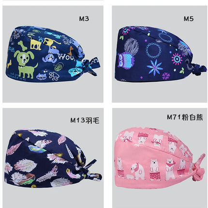 Clearance Pattern Scrub Cap Tie Back Working Hat 100% Cotton Washable Sweatband Beautician Dust Proof Scrub Caps-KarWorkwear