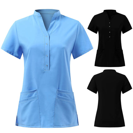 Solid Women Nurse Uniform Scrub Short Sleeve V-neck Button Pocket Tops Nursing Working Medical Uniform Blouse Nurse Accessories-KarWorkwear
