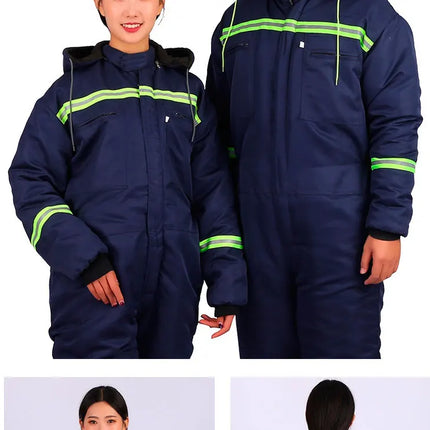 Winter Reflective Hooded Overalls Siamese Long-sleeve Coveralls Workshop Warm Thick Hi Vis Dust Proof Anti Fouling Jumpsuits