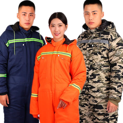 Winter Reflective Hooded Overalls Siamese Long-sleeve Coveralls Workshop Warm Thick Hi Vis Dust Proof Anti Fouling Jumpsuits