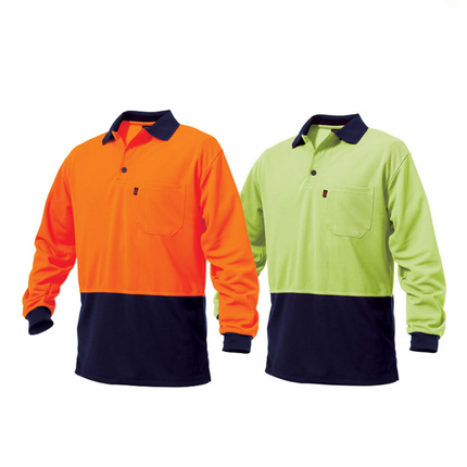 Mens KingGee Long Sleeve Hi-Vis Polo Shirt Top 2 Tone Workwear Safety K54200-KarWorkwear
