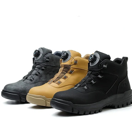 Black Leather Winter Fashion 2023 Rotating Buttons Safety Shoes Men Waterproof Work Boots Men Anti-puncture Protective Footwear-KarWorkwear