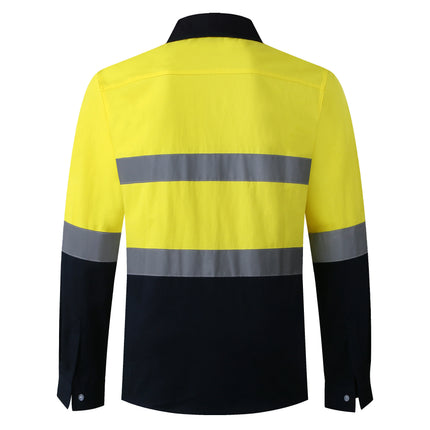 Miner Hi Vis Button Work Shirt for Men Reflective Yellow and Navy Blue Two Tone Safety Cotton Shirt