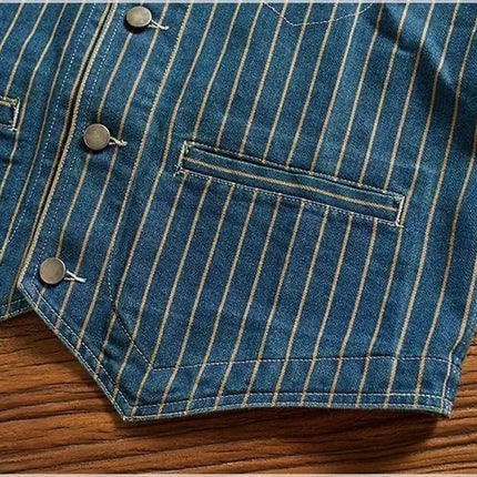 Retro American Striped Workwear Vest Waed Denim Svel Waistcoat Trendy Youth Casual V-ne Four Seasons Outerwear