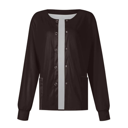 Women Long Sleeve Nurse Uniforms with Pockets Causal Round Collar Solid Single-Breasted Protective Overalls Cardigan Jackets Top