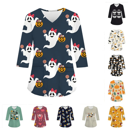 Women Halloween Funny Tee Tops Uniform Woman Prints V-Neck 3/4 Sleeve Pockets Nursing Scrubs Uniform Beauty Salon hospital Clini-KarWorkwear