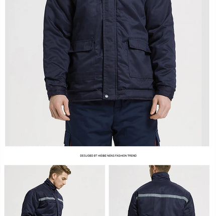 Winter Coveralls Men Waterproof Windproof Reflective Cotton Padded Hooded Coveralls Thicken Thermal Work Uniform Hi Vis Workwear