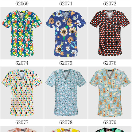 Niaahinn Gray Owl Printing Spa Uniform Women Beauty and Health Scrub Tops Beauty Salon Work Uniform Beauty Salon Scrubs Workwear-KarWorkwear