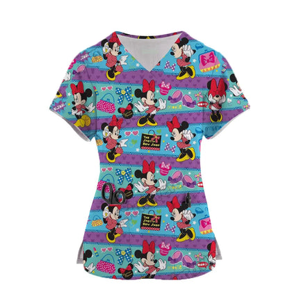 Disney Mickey Mouse Print Nurse Medical Uniforms V-neck Short Sleeve Pocket Workwear Top Scrubs Medical Accessories Uniform ﻿-KarWorkwear
