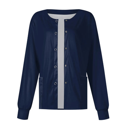 Women Long Sleeve Nurse Uniforms with Pockets Causal Round Collar Solid Single-Breasted Protective Overalls Cardigan Jackets Top