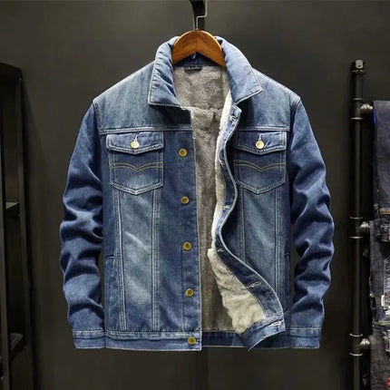 Winter velvet thickened denim jacket Korean style trendy men's versatile loose large size warm work jacket