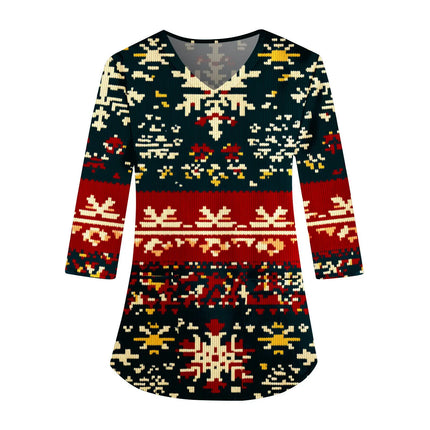 2025 Christmas Women's Scrubs Top With Fun Christmas Print 3/4 Sleeves, V-Neck Pocket, Elastic Fabric, Beauty Salon Spa Hospital-KarWorkwear