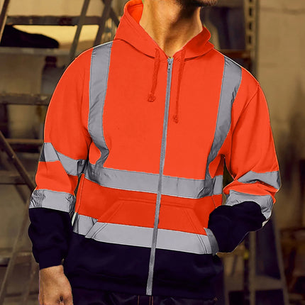 Men Reflective Stripe Hoodie Sweatshirt Long Sleeve Fitting Zipper Hooded Pullover Sanitation Workers Work Clothes Sweatshirt
