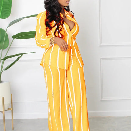 Elegant Work Wear Two Piece Set for Women Matching Sets Striped Print Shirt Top and Wide Leg Pants Office Lady Casual Outfits