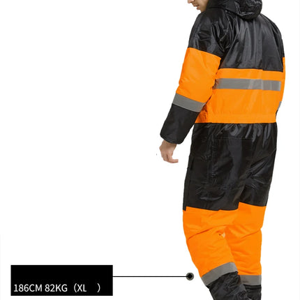 Winter Coveralls Men Waterproof Windproof Reflective Cotton Padded Hooded Coveralls Thicken Thermal Work Uniform Hi Vis Workwear