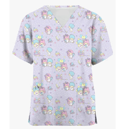 Medical Blouse Clinic Hospital Workwear Healthcare Nurse Coulomi Hello Kitty Print Uniform Carer Working Short Sleeve Tops Women-KarWorkwear
