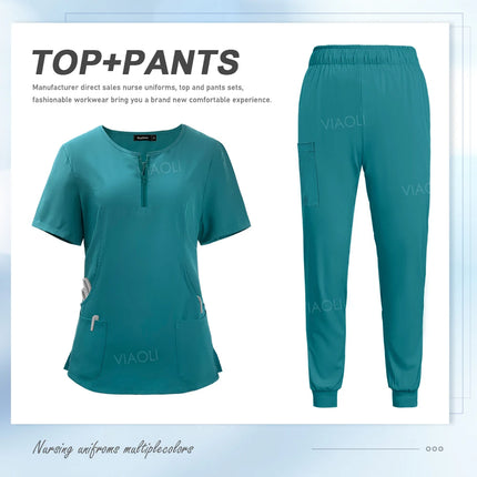 Women Scrub Set Zip-Neck Short Sleeve Scrub Top Pants Sets Nurse Uniforms Medical Nurses Accessories for Hospital Doctor Uniform-KarWorkwear