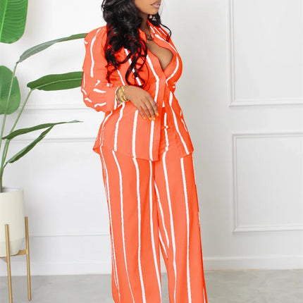 Elegant Work Wear Two Piece Set for Women Matching Sets Striped Print Shirt Top and Wide Leg Pants Office Lady Casual Outfits