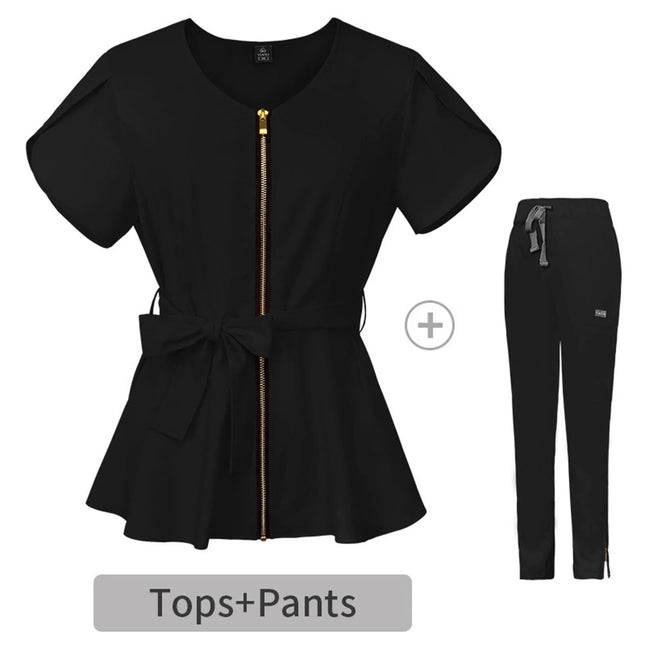 Nurse Uniform Suit Scrubs Uniforms Veterinary Work Clothes Scrub Tops Pants Women Solid Zip Short Sleeve Pockets Carer Uniform-KarWorkwear
