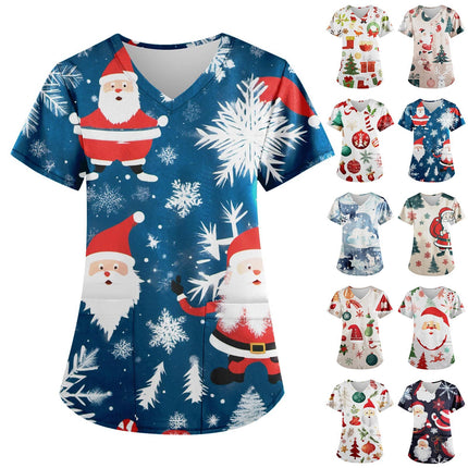 Christmas Nurse Scrubs Tops Women Medical Uniform Santa Claus Print V-Neck Nurse Uniform Hospital Healthcare Spa T-Shirt Blouse-KarWorkwear
