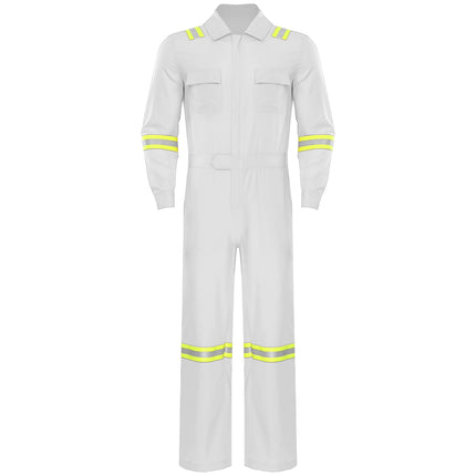 Mens Coveralls High Visibility Reflective Stripes Overalls Turn-Down Collar Long Sleeves Zipper Jumpsuits Work Mechanic Uniform