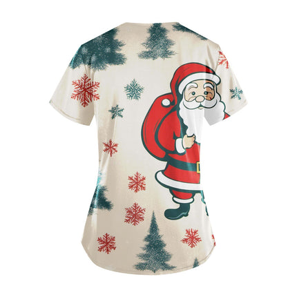 Christmas Nurse Scrubs Tops Women Medical Uniform Santa Claus Print V-Neck Nurse Uniform Hospital Healthcare Spa T-Shirt Blouse-KarWorkwear