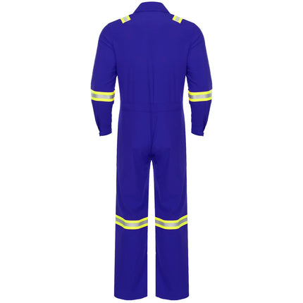 Mens Coveralls High Visibility Reflective Stripes Overalls Turn-Down Collar Long Sleeves Zipper Jumpsuits Work Mechanic Uniform