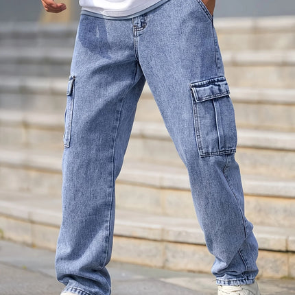 Fashionable men's denim trousers, washed workwear trousers