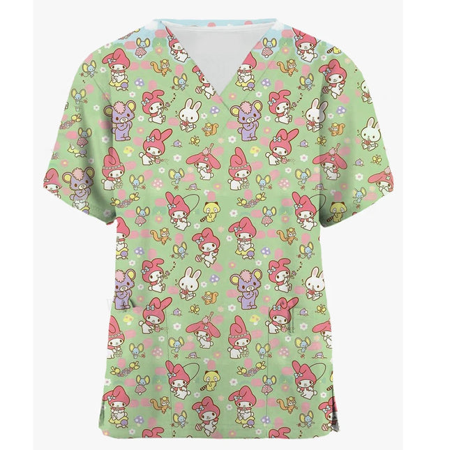 Medical Blouse Clinic Hospital Workwear Healthcare Nurse Coulomi Hello Kitty Print Uniform Carer Working Short Sleeve Tops Women-KarWorkwear