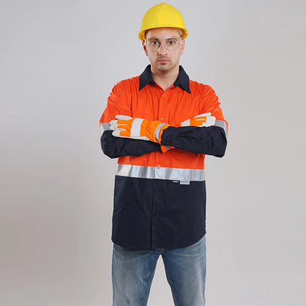 Two Tone Long Sleeve Safety Work shirt Reflective Workwear 100% Cotton Orange Navy Safety Shirts With Hi Vis Tapes