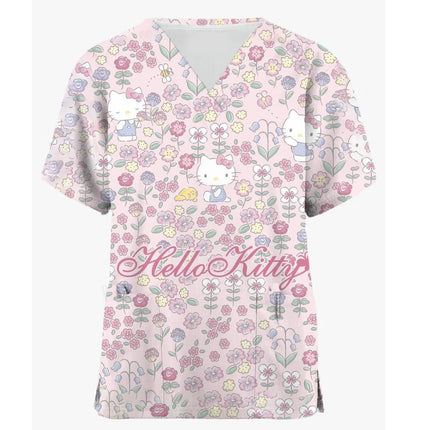 Medical Blouse Clinic Hospital Workwear Healthcare Nurse Coulomi Hello Kitty Print Uniform Carer Working Short Sleeve Tops Women-KarWorkwear