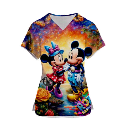 Nurse Uniform Women Disney Minnie Print Short Sleeve Neck Tops Working Uniform Blouse Scrubs Workwear Nursing Working T-shirts-KarWorkwear