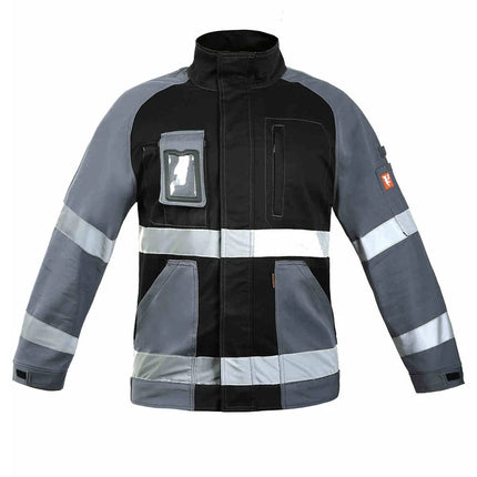 Work Jacket Men Reflective Stripes Black Gray Stitching Coveralls Outdoor CottonMulti-pockets Safety Wear-resistant Workwear