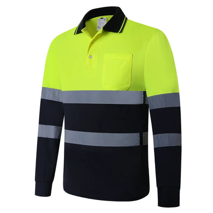 ANSI Class 2 Hi Vis Shirts Yellow Navy Long Sleeve Reflective Polo Shirt Safety Work Shirt for Construction Men