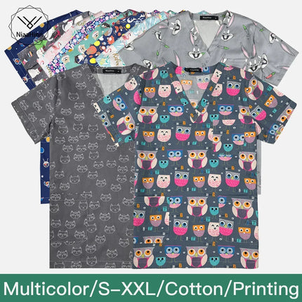 Niaahinn Gray Owl Printing Spa Uniform Women Beauty and Health Scrub Tops Beauty Salon Work Uniform Beauty Salon Scrubs Workwear-KarWorkwear